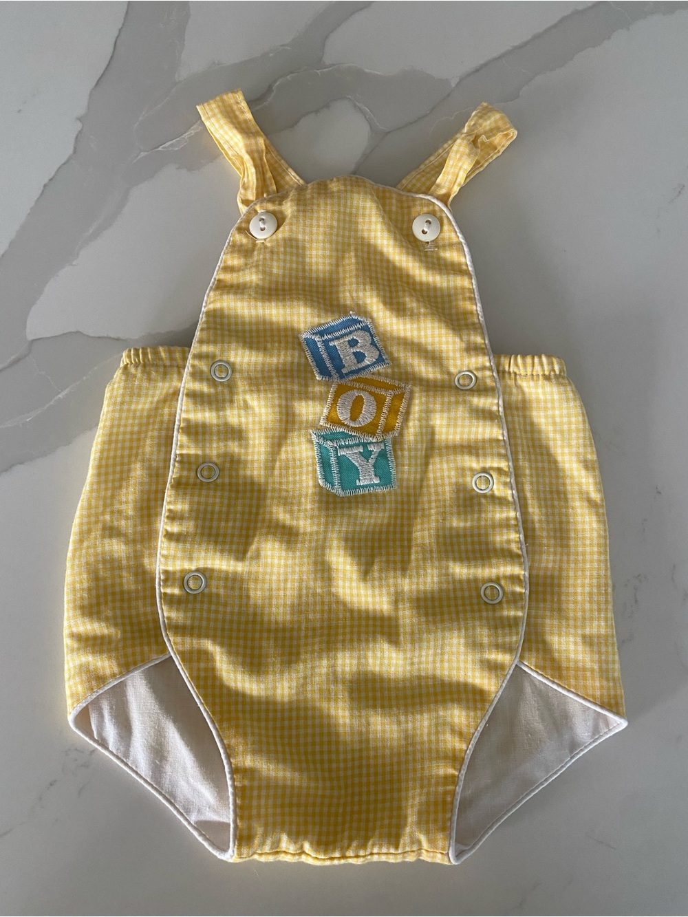 Vtg Healthtex 9M Yellow Gingham Embroidered “BOY” blocks Romper One-Piece